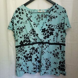 Cato Blue Black Floral Faux Wrap V Neck Top Flutter Sleeves Woman Size 18/20W